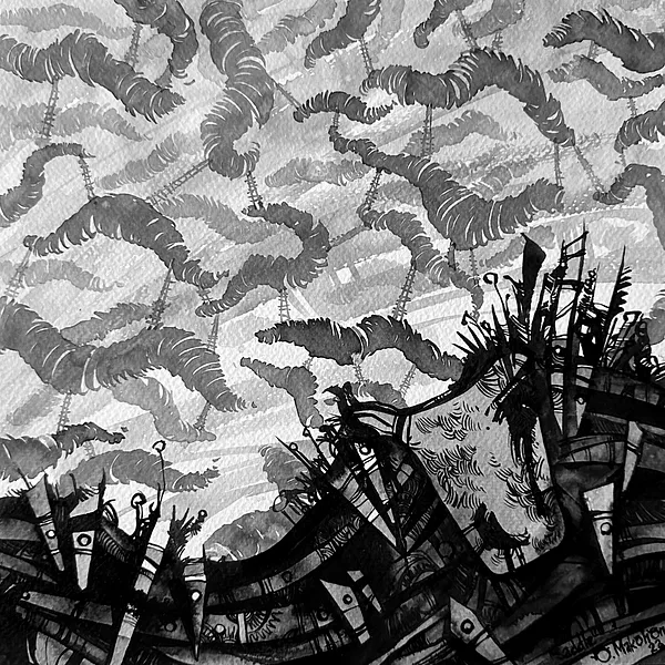 Зображення "Осідлати | Saddle" від Олександр Макогон, розмір: 42 x 42 cm, матеріали: туш, бавовняний папір | ink, cotton paper, медіум: Графіка, ціна: $230 Фото 2 з 3.