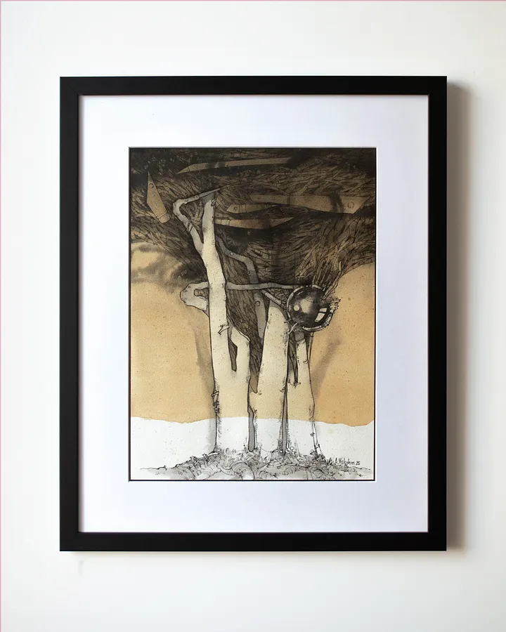 Зображення "Три Брати | Three Brothers" від Олександр Макогон, розмір: 41 х 51 см, матеріали: Туш, кава, вино, папір, медіум: Графіка, серія: Abstract, ціна: $300