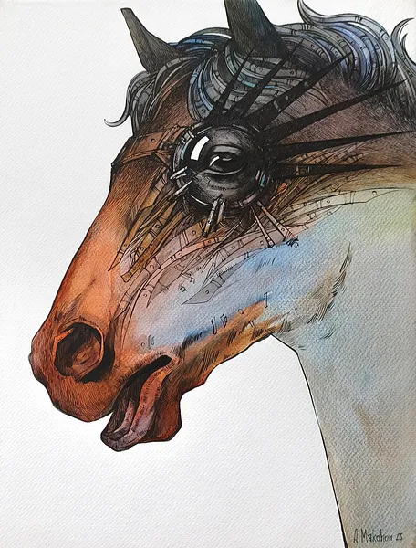 Зображення "Стрімкий | Rapid" від Олександр Макогон, розмір: 52 х 62 cм, матеріали: туш, акварель, бавовняний папір | ink, watercolor on cotton paper, медіум: Графіка, серія: Horses, ціна: €350 Фото 2 з 5.